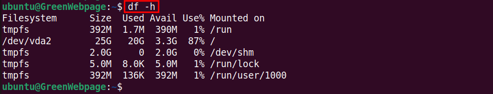 Check file size using df