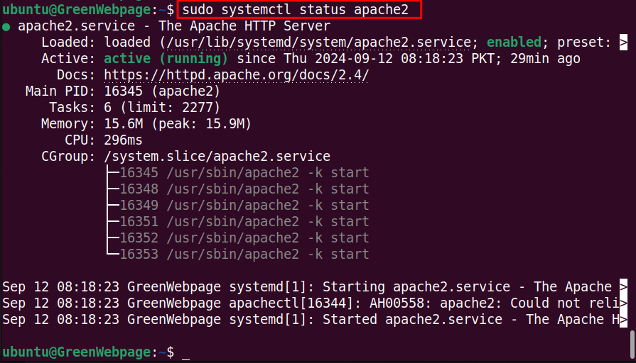 sudo systemctl status apache2