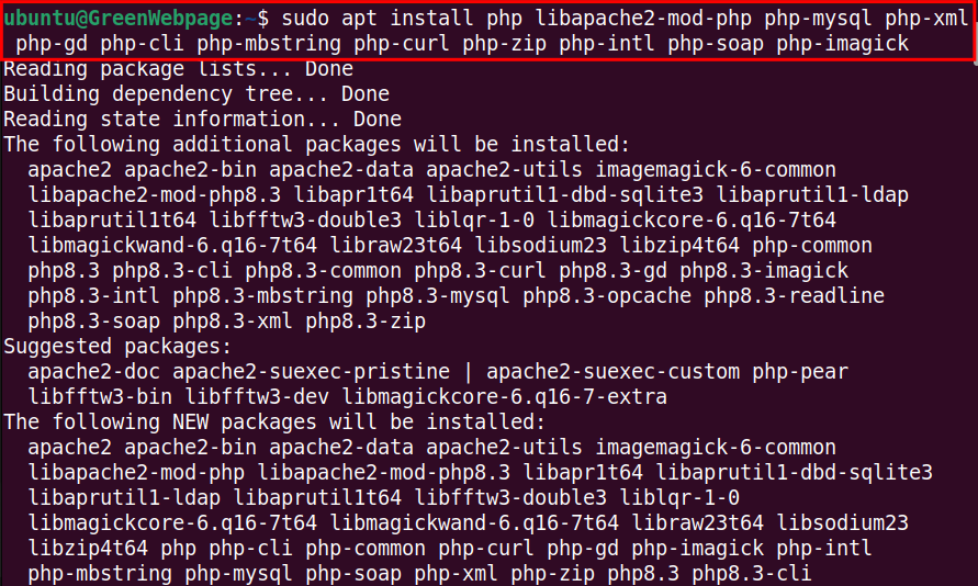 sudo apt install php libapache2-mod-php php-mysql php-xml php-gd php-cli php-mbstring php-curl php-zip php-intl php-soap php-imagick