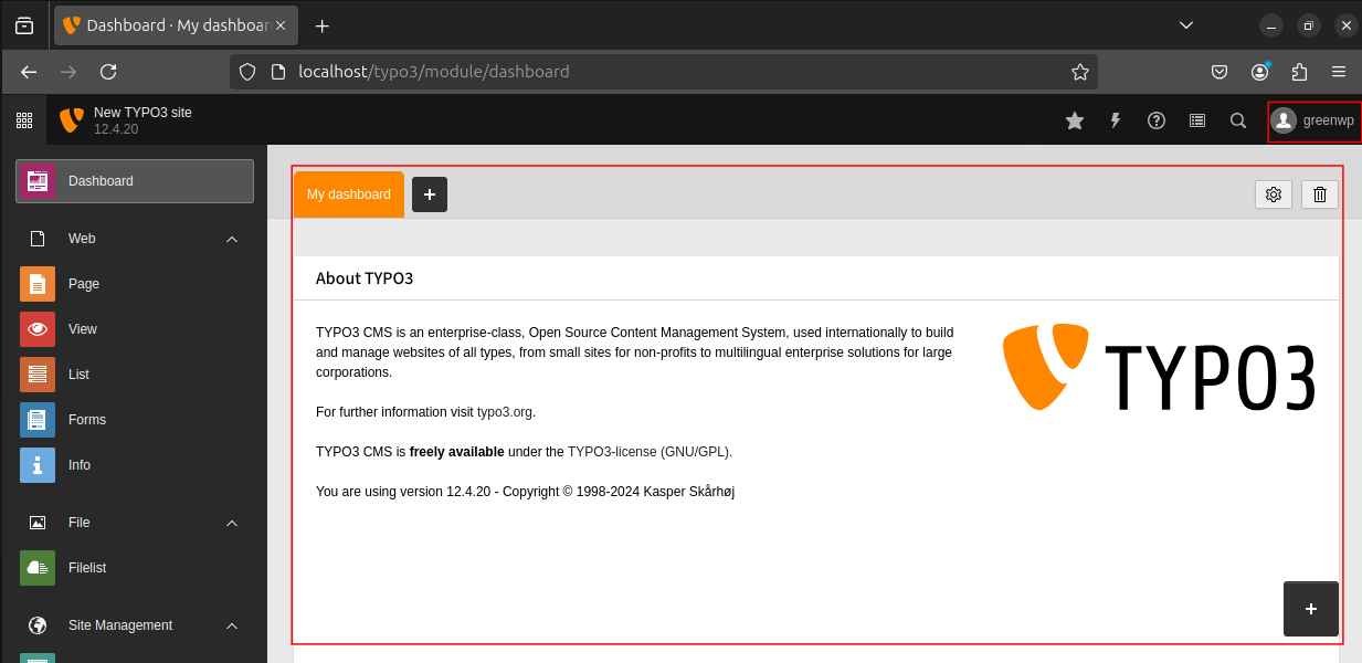 Dashboard of typo3