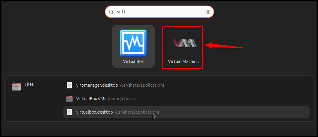 Search for virtual manager from application menu