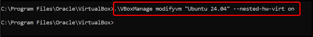 VBoxManage modifyvm "Machine Name" --nested-hw-virt on