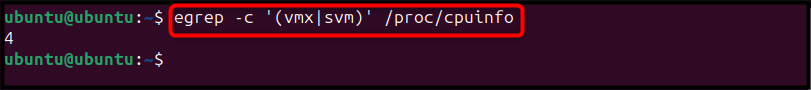 egrep -c '(vmx|svm)' /proc/cpuinfo