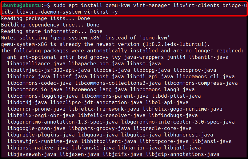 sudo apt install qemu-kvm virt-manager libvirt-clients bridge-utils libvirt-daemon-system virtinst -y