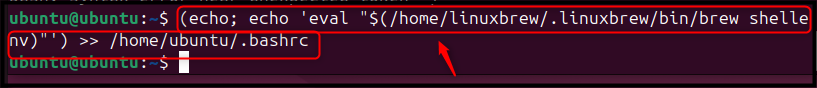 (echo; echo 'eval "$(/home/linuxbrew/.linuxbrew/bin/brew shellenv)"') >> /home/ubuntu/.bashrc