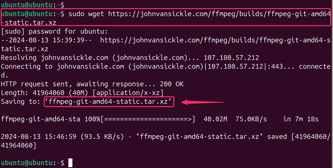 sudo wget https://johnvansickle.com/ffmpeg/builds/ffmpeg-git-amd64-static.tar.xz