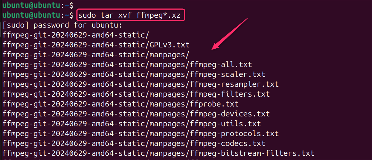 sudo tar xvf ffmpeg*.xz