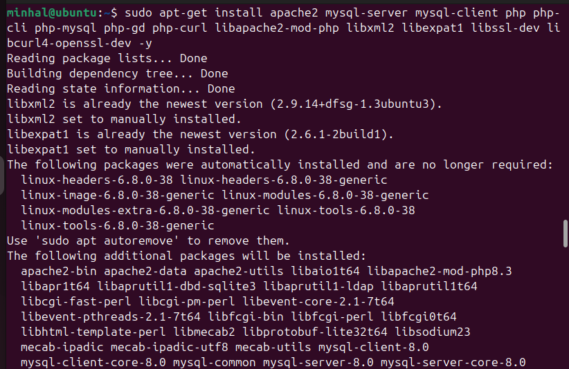 sudo apt-get install apache2 mysql-server mysql-client php php-cli php-mysql php-gd php-curl libapache2-mod-php libxml2 libexpat1 libssl-dev libcurl4-openssl-dev -y