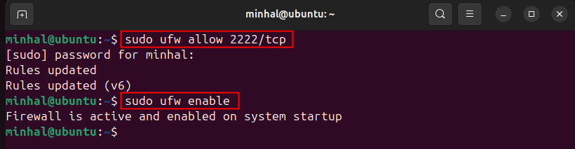 sudo ufw allow 2222/tcp <br>sudo ufw enable