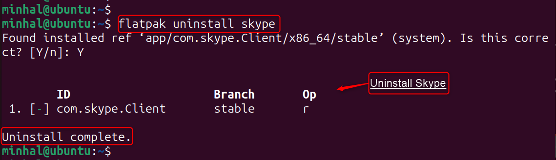 flatpak uninstall skype