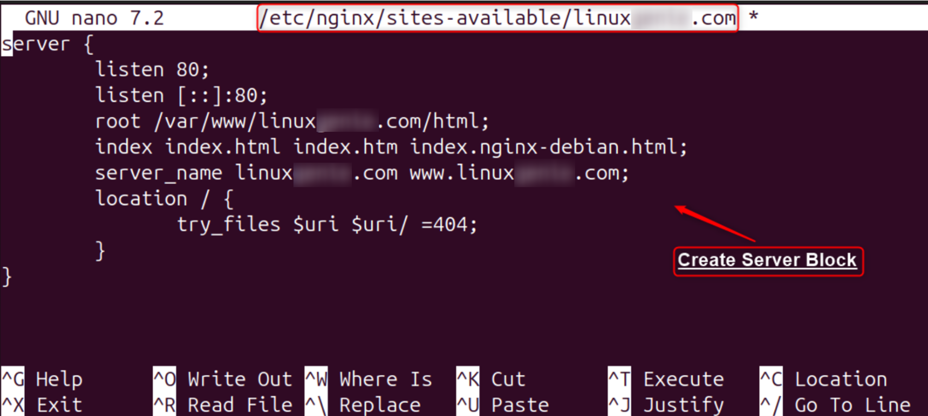 Create blocks in Nginx configuration file