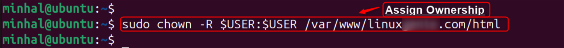 sudo chown -R $USER:$USER /var/www/linux.com/html