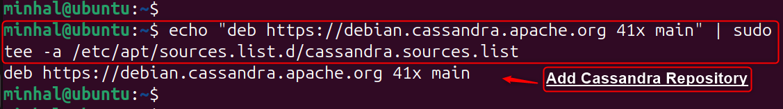 echo "deb https://debian.cassandra.apache.org 41x main" | sudo tee -a /etc/apt/sources.list.d/cassandra.sources.list