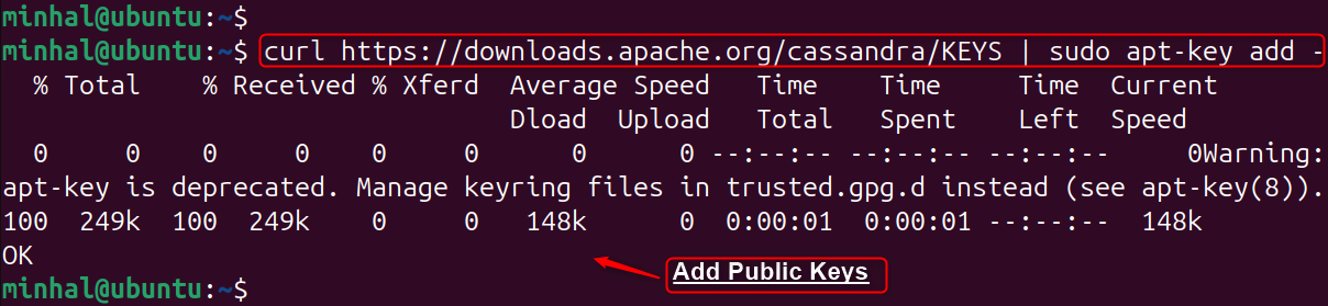 curl https://downloads.apache.org/cassandra/KEYS | sudo apt-key add -