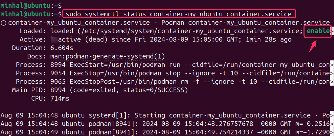 sudo systemctl status container-my_ubuntu_container.service