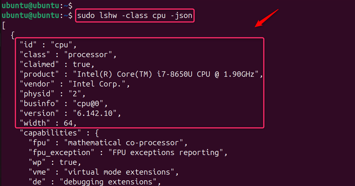 sudo lshw -class cpu -json