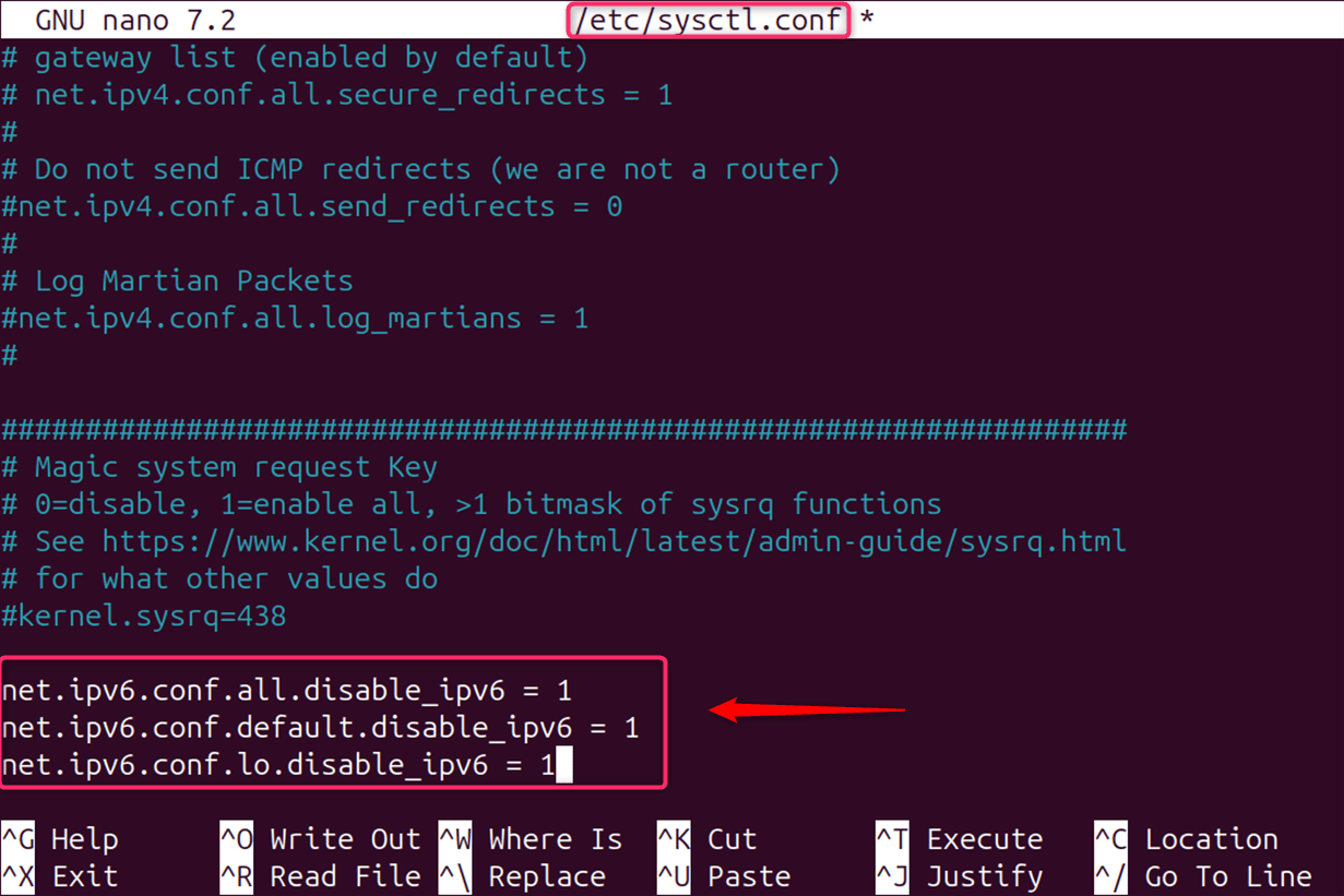 Editing /etc/sysctl.conf configuration file