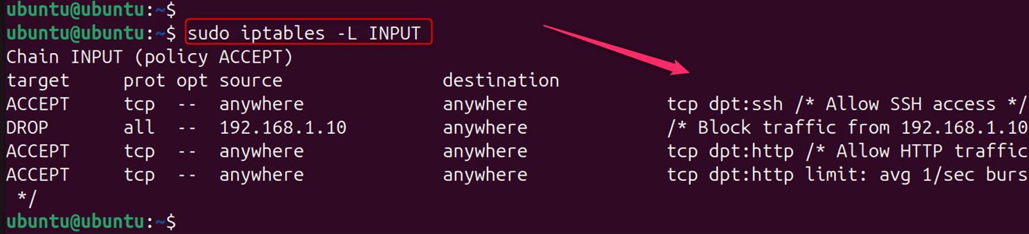 sudo iptables -L INPUT 
