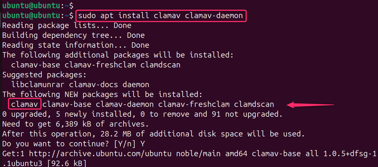 sudo apt install clamav clamav-daemon