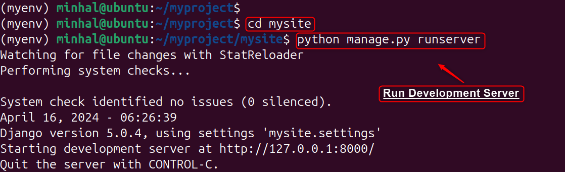 cd mysite <br>python manage.py runserver