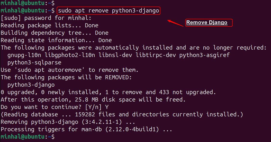 sudo apt remove python3-django