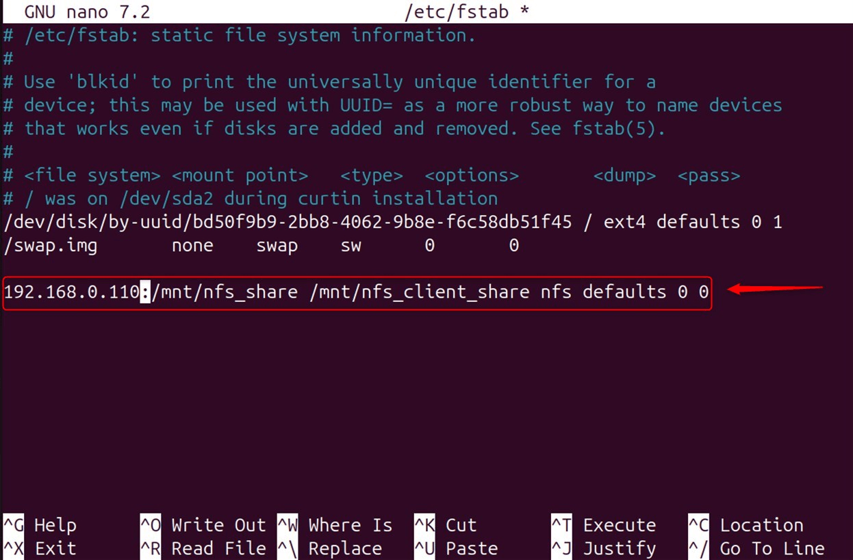 server_ip:/mnt/nfs_share /mnt/nfs_client_share nfs defaults 0 0