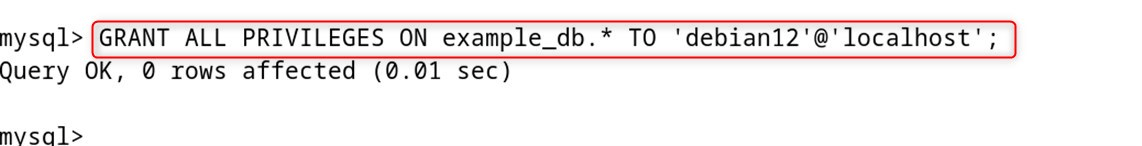 GRANT ALL PRIVILEGES ON example_db.* TO 'debian12'@'localhost';