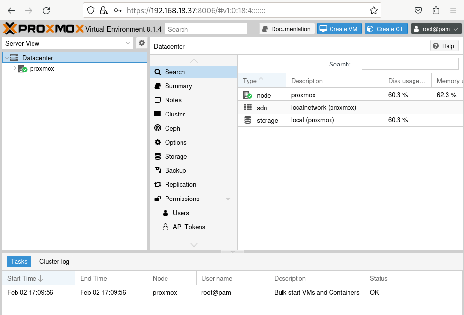 Proxmox dashboard