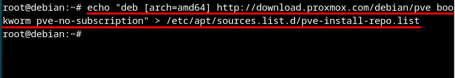 echo "deb [arch=amd64] http://download.proxmox.com/debian/pve bookworm pve-no-subscription" > /etc/apt/sources.list.d/pve-install-repo.list