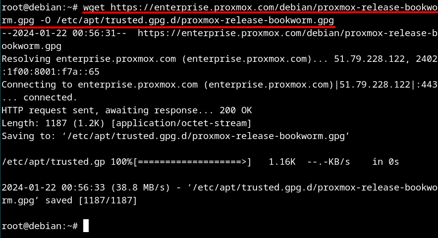 wget https://enterprise.proxmox.com/debian/proxmox-release-bookworm.gpg -O /etc/apt/trusted.gpg.d/proxmox-release-bookworm.gpg