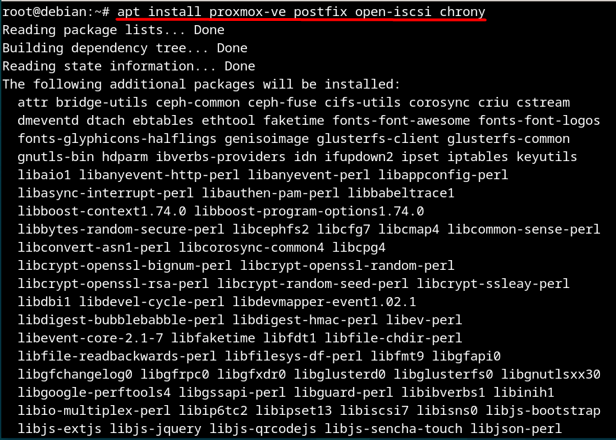 apt install proxmox-ve postfix open-iscsi chrony