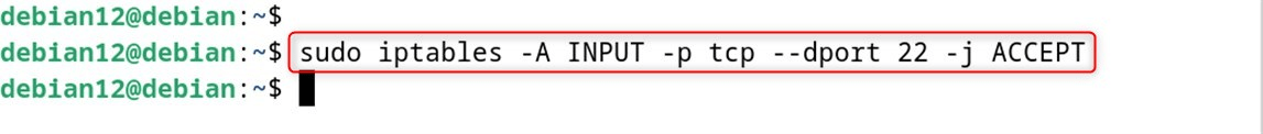 sudo iptables -A INPUT -p tcp --dport 22 -j ACCEPT