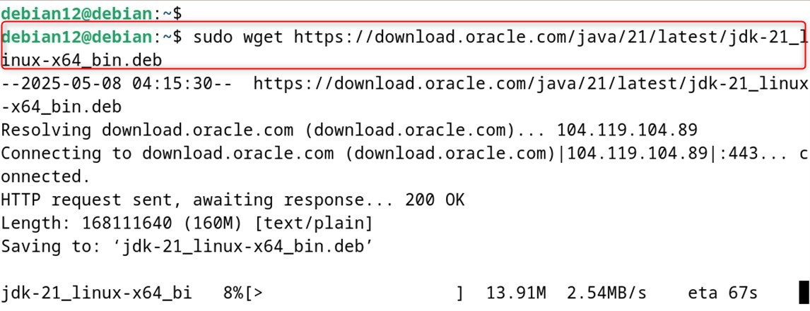 sudo wget https://download.oracle.com/java/21/latest/jdk-21_linux-x64_bin.deb