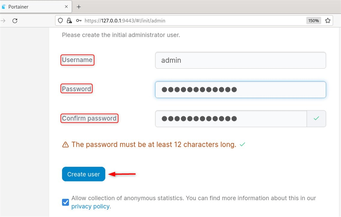 Creating admin user in portainer web interface