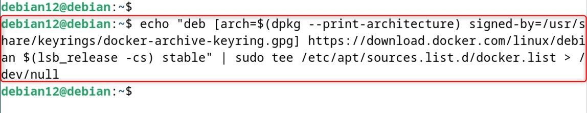 echo "deb [arch=$(dpkg --print-architecture) signed-by=/usr/share/keyrings/docker-archive-keyring.gpg] https://download.docker.com/linux/debian $(lsb_release -cs) stable" | sudo tee /etc/apt/sources.list.d/docker.list > /dev/null
