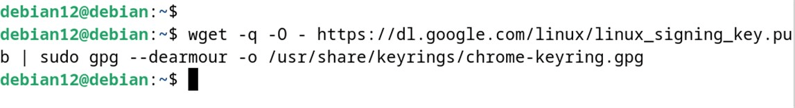wget -q -O - https://dl.google.com/linux/linux_signing_key.pub | sudo gpg --dearmour -o /usr/share/keyrings/chrome-keyring.gpg