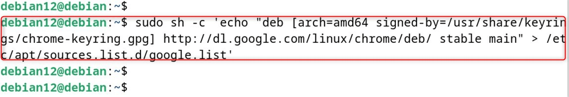sudo sh -c 'echo "deb [arch=amd64 signed-by=/usr/share/keyrings/chrome-keyring.gpg] http://dl.google.com/linux/chrome/deb/ stable main" > /etc/apt/sources.list.d/google.list'