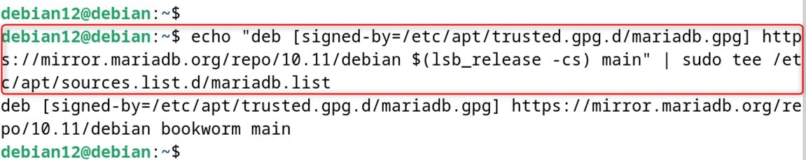 echo "deb [signed-by=/etc/apt/trusted.gpg.d/mariadb.gpg] https://mirror.mariadb.org/repo/10.11/debian $(lsb_release -cs) main" | sudo tee /etc/apt/sources.list.d/mariadb.list