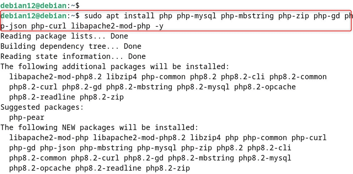 sudo apt install php php-mysql php-mbstring php-zip php-gd php-json php-curl libapache2-mod-php -y