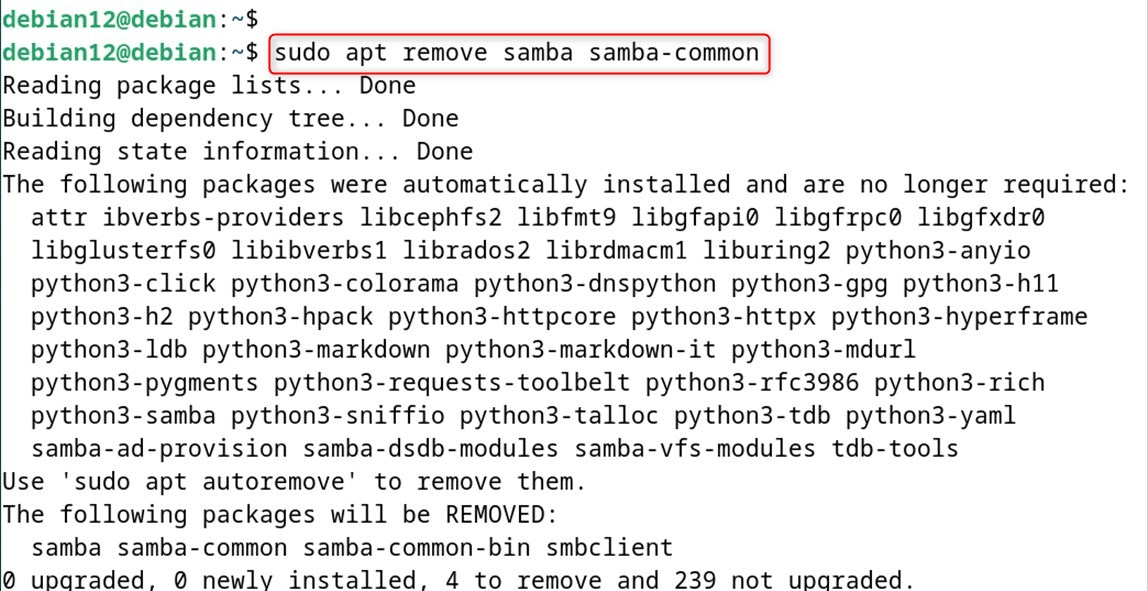 sudo apt remove samba samba-common