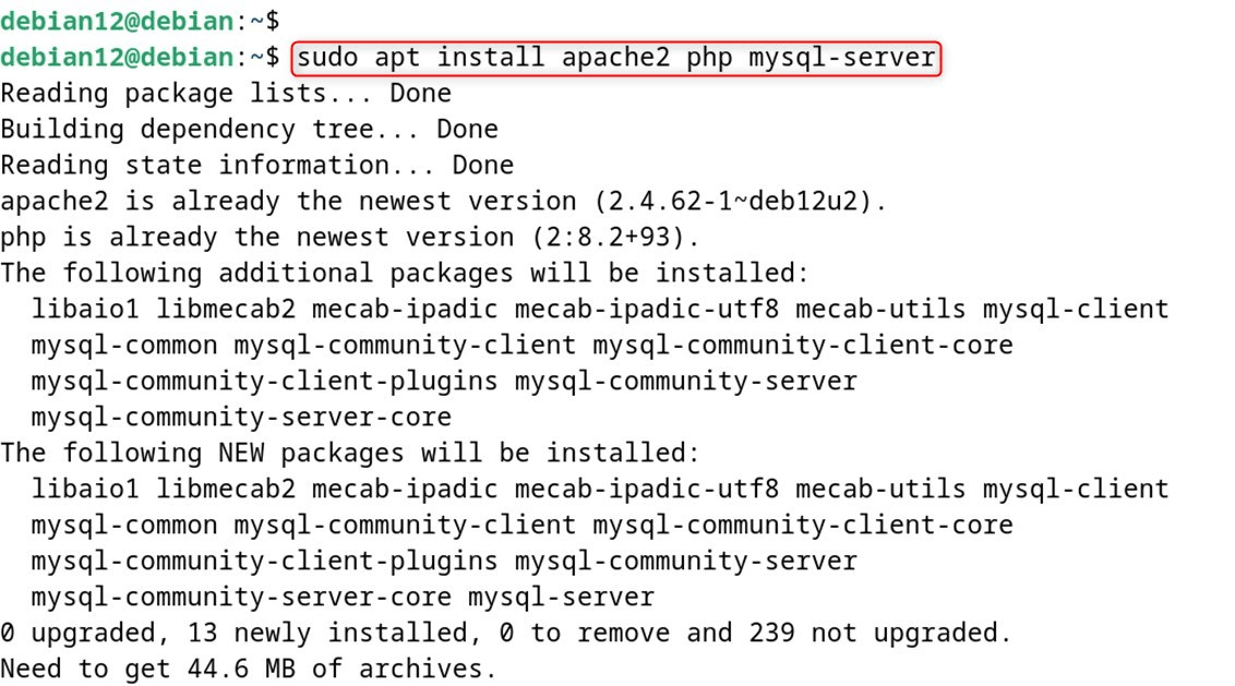 sudo apt install apache2 php mysql-server