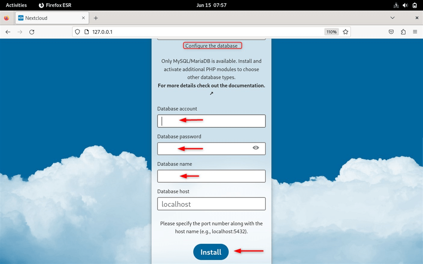 Configuring database from Nextcloud web interface