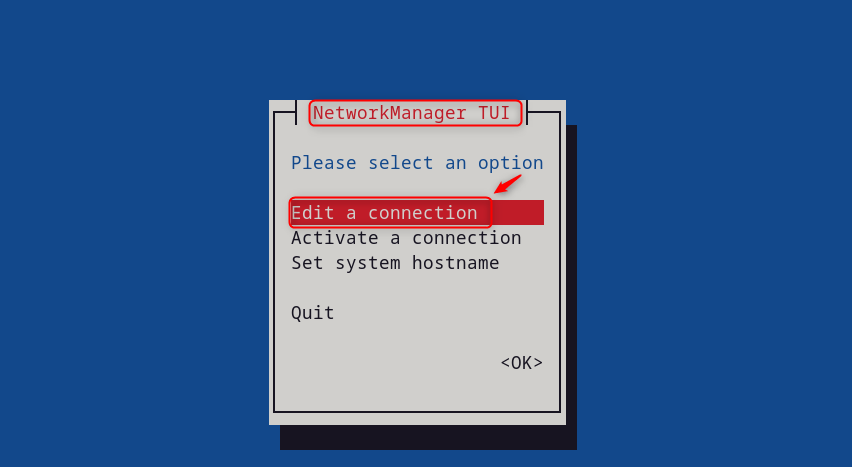 Editing a connection using nmtui