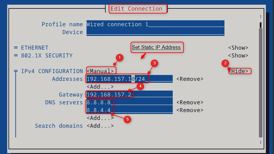 Setting up an ip address using nmtui
