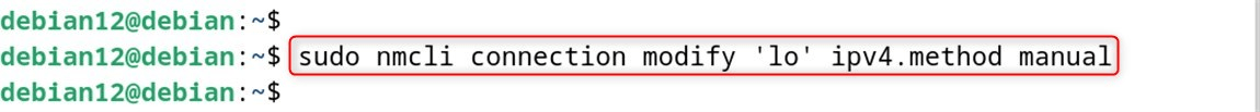 sudo nmcli connection modify 'lo' ipv4.method manual