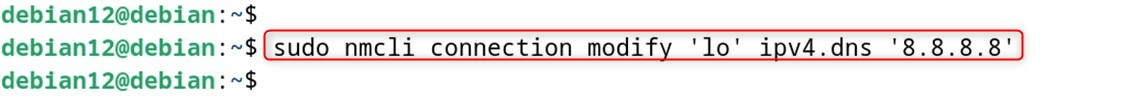 sudo nmcli connection modify 'lo' ipv4.dns '8.8.8.8'