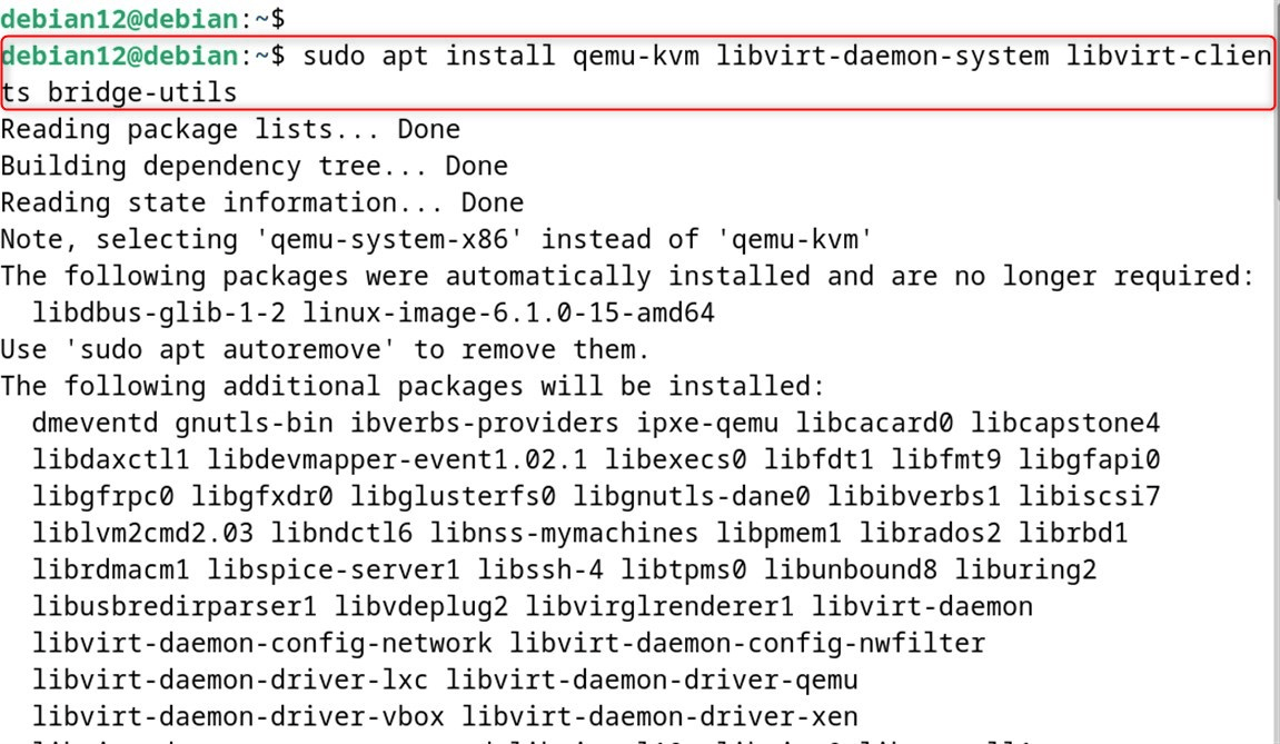 sudo apt install qemu-kvm libvirt-daemon-system libvirt-clients bridge-utils