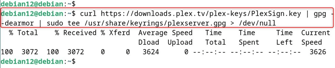 curl https://downloads.plex.tv/plex-keys/PlexSign.key | gpg --dearmor | sudo tee /usr/share/keyrings/plexserver.gpg > /dev/null