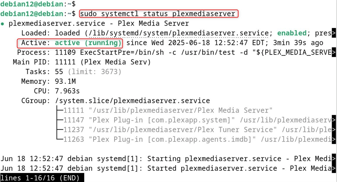 sudo systemctl status plexmediaserver