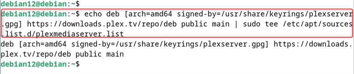 echo deb [arch=amd64 signed-by=/usr/share/keyrings/plexserver.gpg] https://downloads.plex.tv/repo/deb public main | sudo tee /etc/apt/sources.list.d/plexmediaserver.list